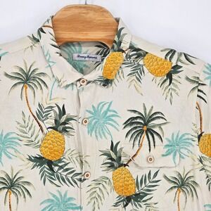 Tommy Bahama Men XXL Pure 100% Silk Pineapple Palm Tree Hawaiian Shirt Camp SS
